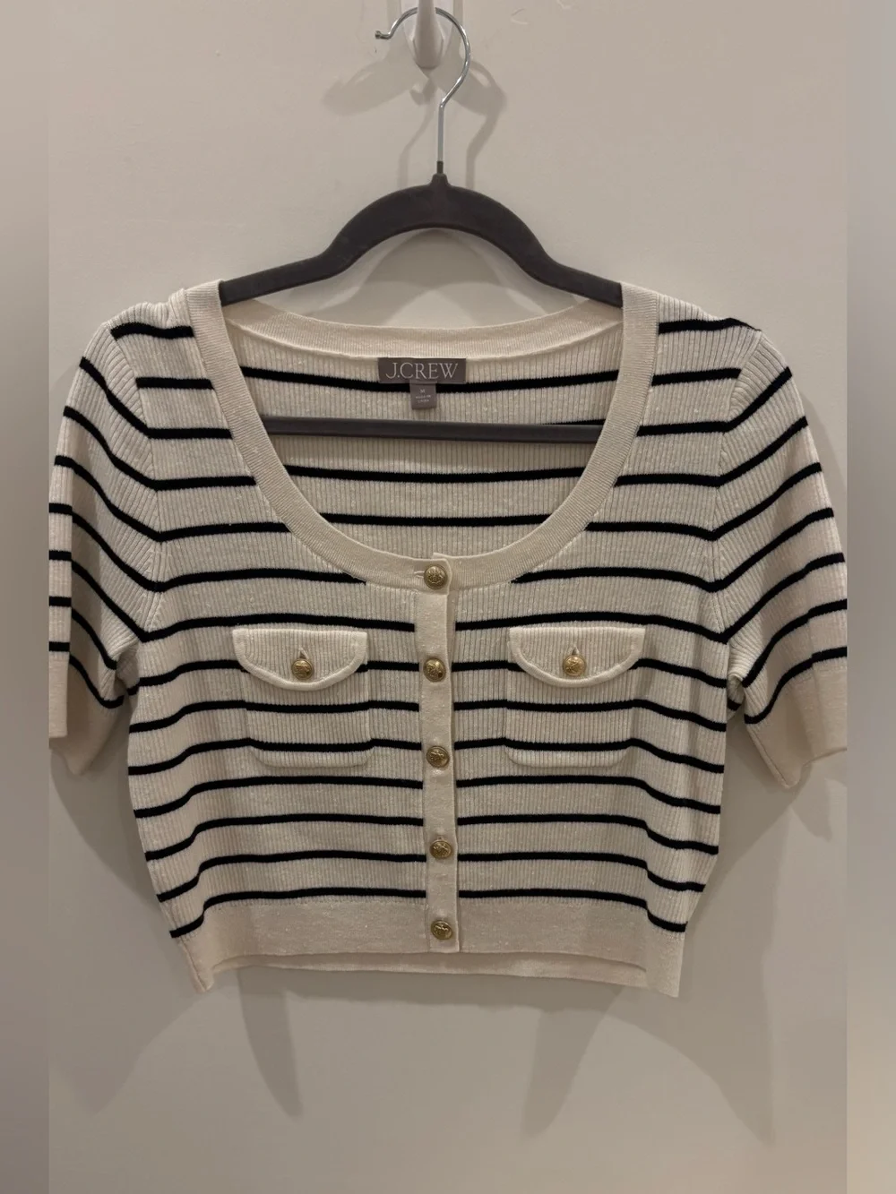 J.Crew Cream & Black Striped Short Sleeve Button Cardigan